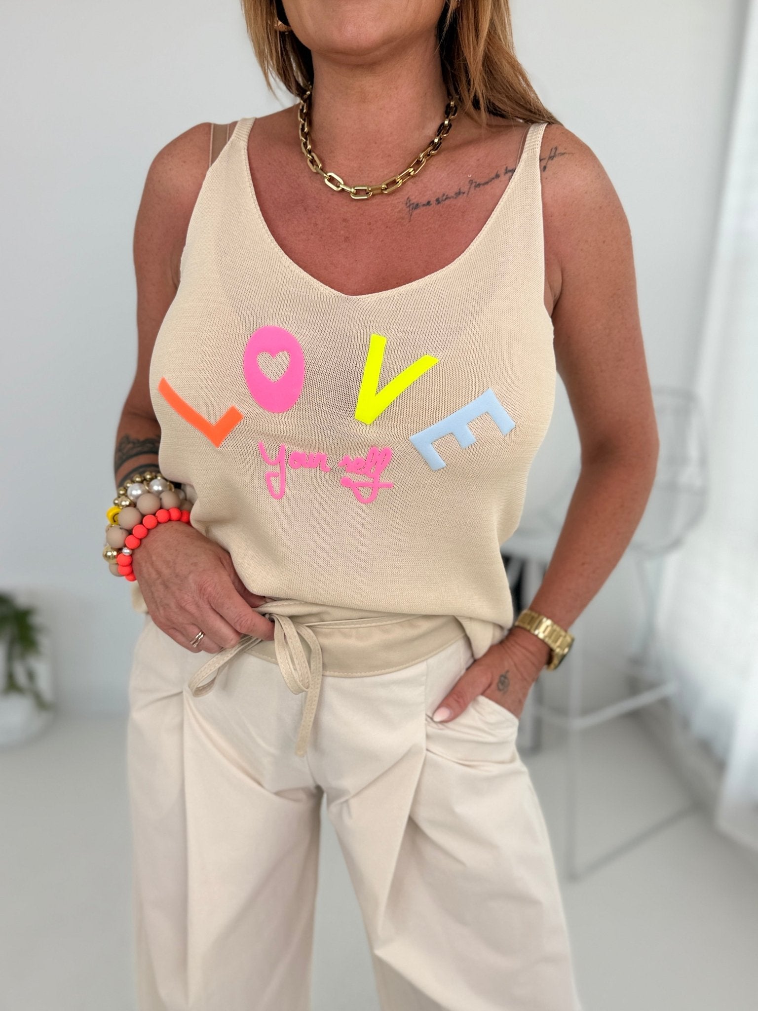Feinstricktop in Beige mit Print